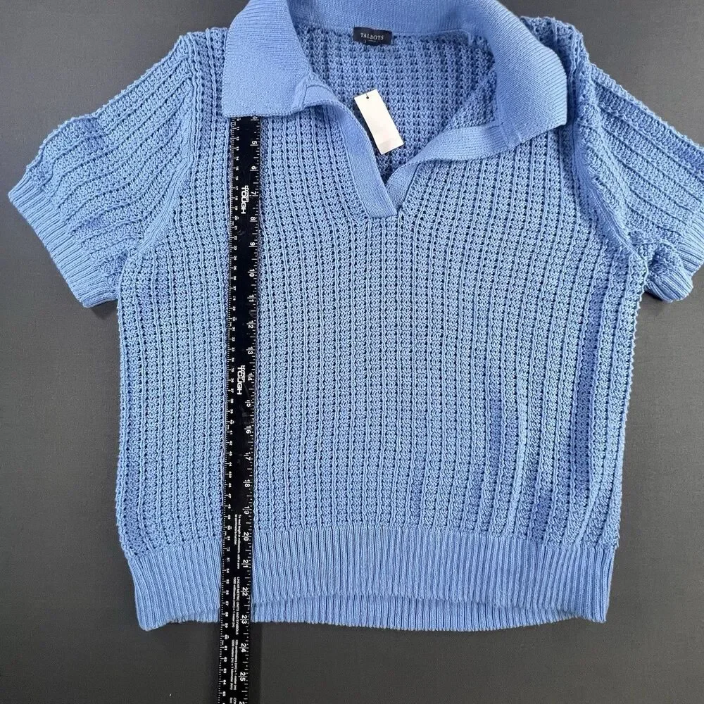 Talbots Light Blue Pointelle Stitch Open Knit Polo Sweater Womens L NWT